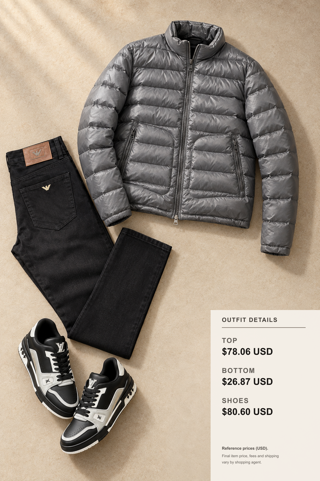 Armani Winter Jacket: 3 Color Outfit Ideas outfit 2 editorial flat lay for fashionreps